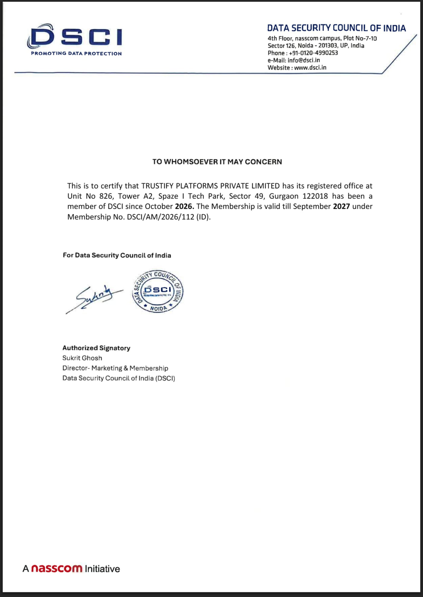 DSCI Membership Certificate